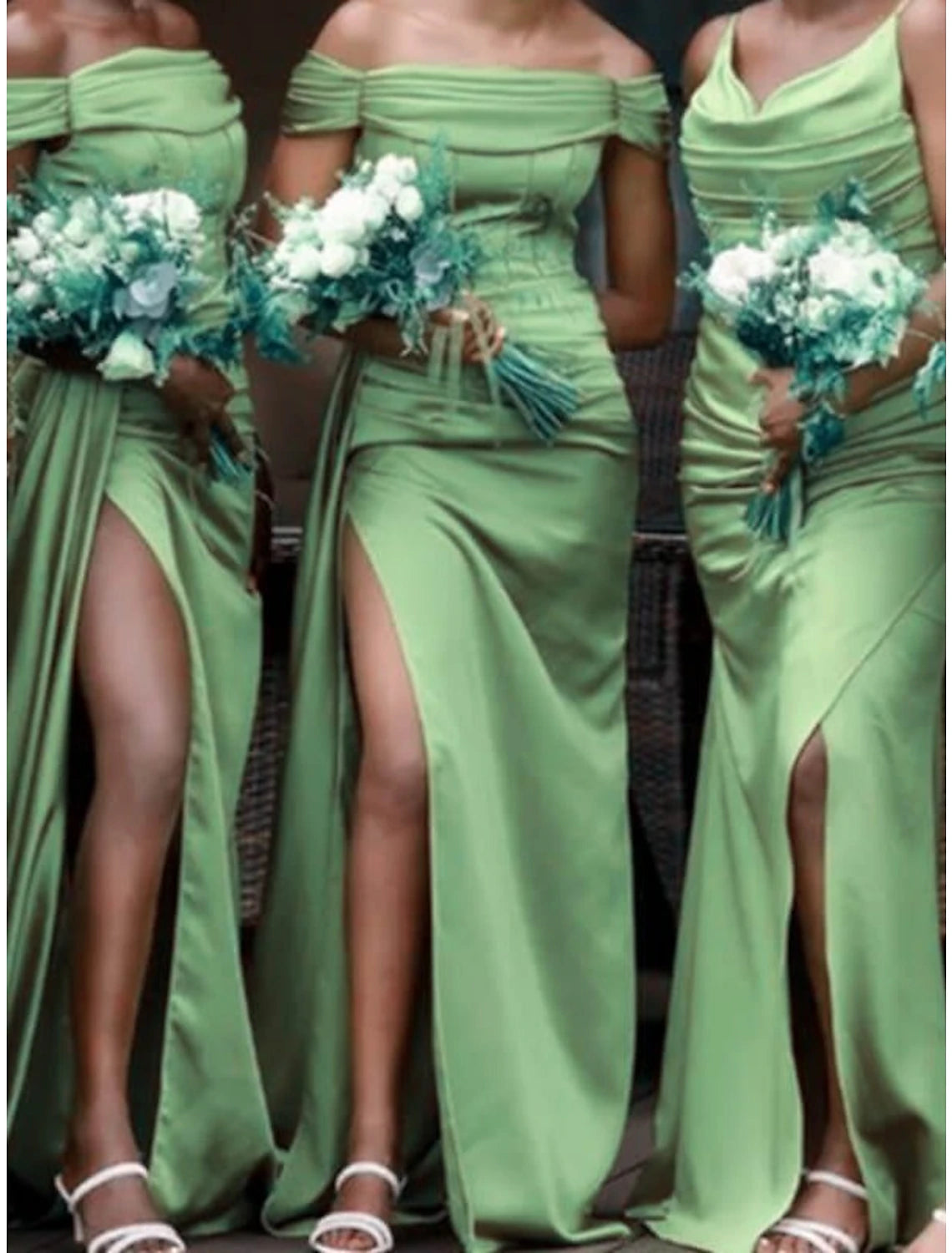 Wholesale Sheath / Column Bridesmaid Dress V Neck / Off Shoulder Sleeveless Elegant Sweep / Brush Train Charmeuse with Split Front / Solid Color